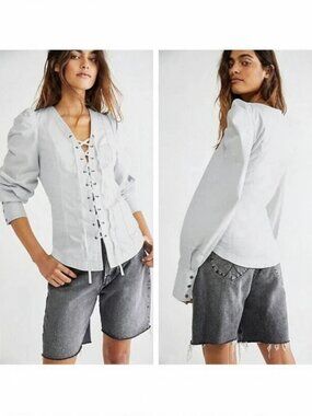 ☀️ Free People Gardenia Lace Up Front Puff Sleeve Denim Top Indigo XS